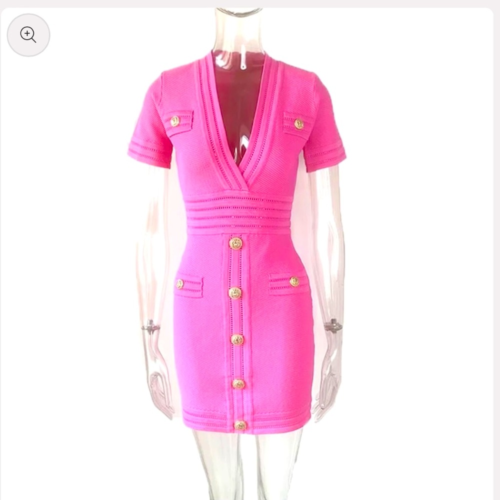 2022 Pink Bodycon Deep V
Neck Designer Inspired
Metal Lion Face Buttons